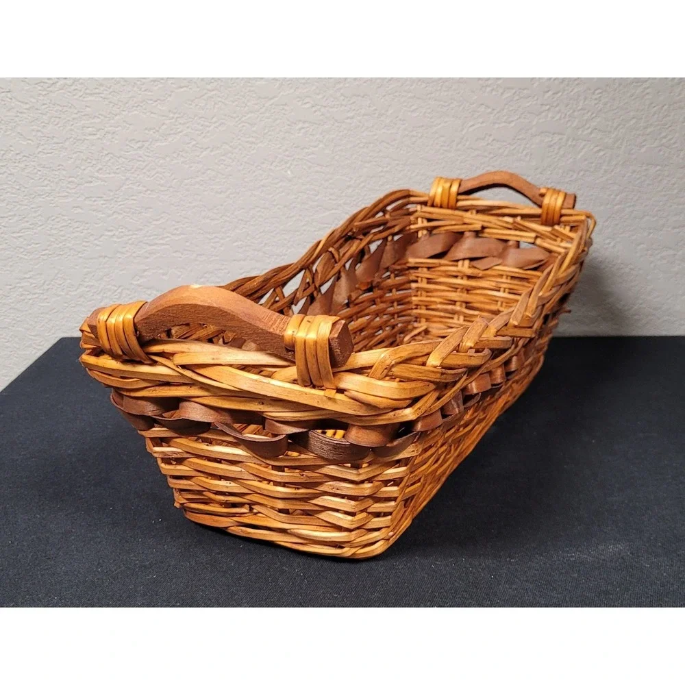 Vintage 1980s Wicker and Chipwood Rectangular Serving Basket with Wood Handles
